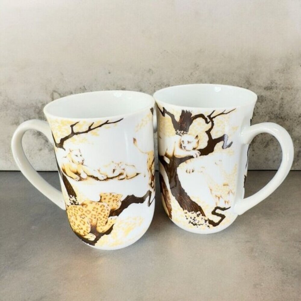 Vintage Toscany Porcelain Ranier Coffee Mug Cup 8oz Ceramic Lion Lionesses Set 2